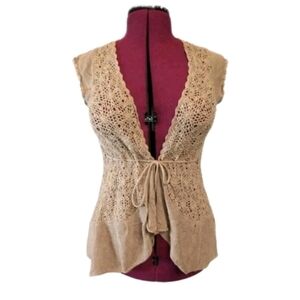 Kersh Crochet Knit Sleeveless Sweater Vest – Lightweight Tie Front, Size L
